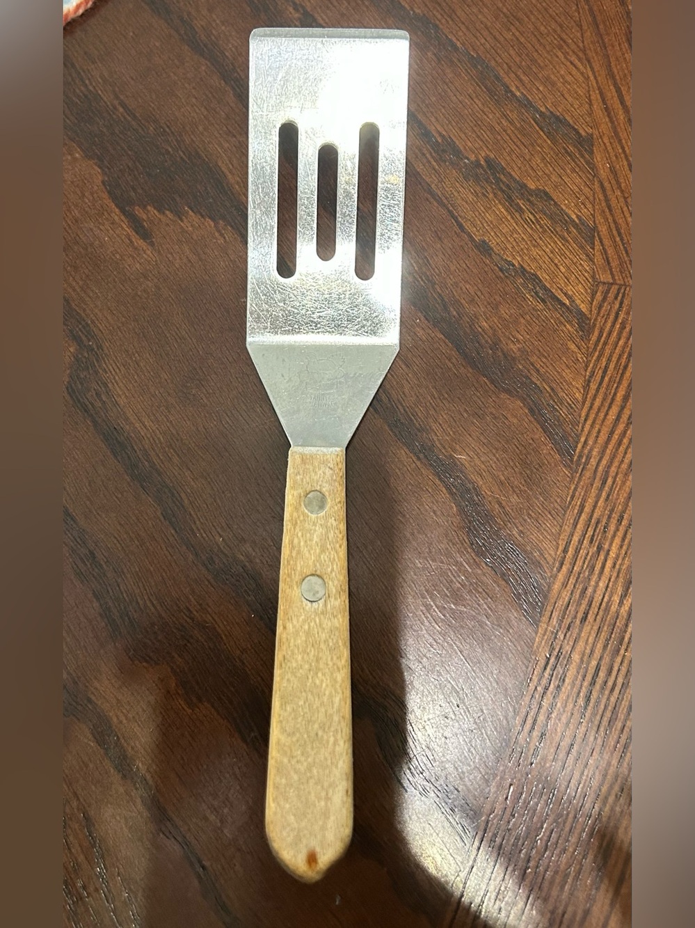 Pampered Chef Mini Slotted Serving Bar Spatula Stainless Wood Handle Hen Logo 8”